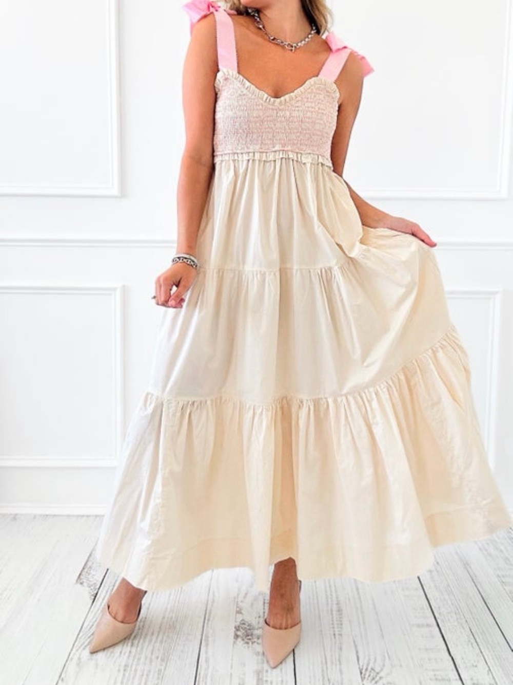 Sleeveless Cream Tiered Maxi Dress with Pink Tie Straps